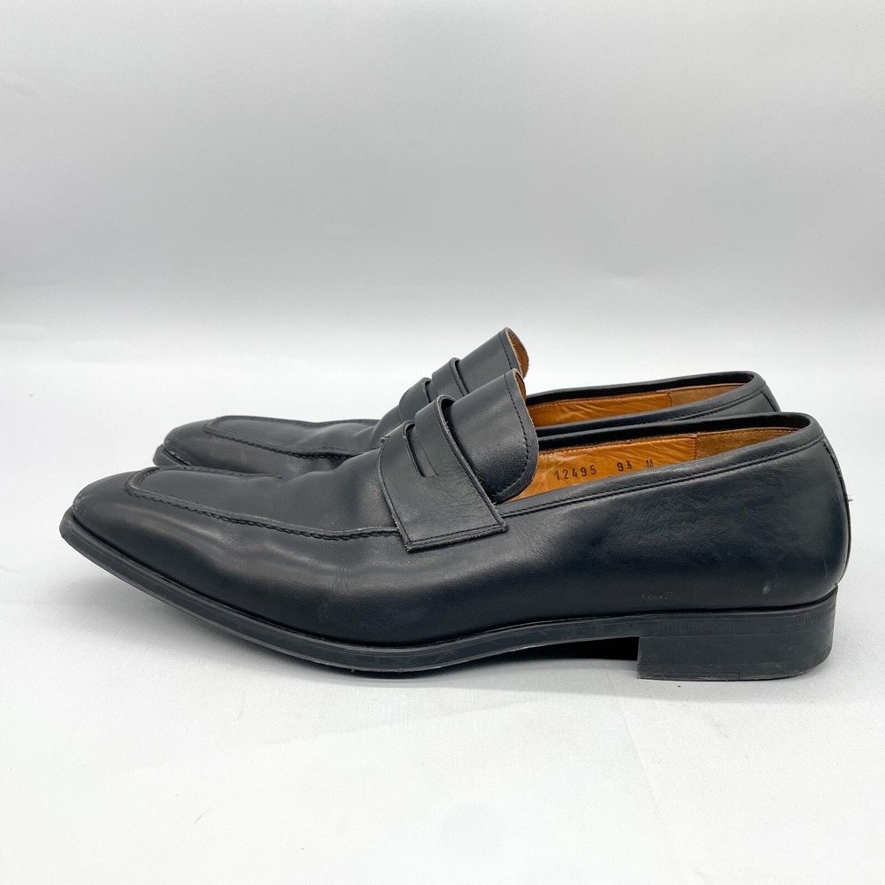 Magnanni Neiman Marcus Mens 9.5 M Penny Loafer Shoes Black Leather Apron Toe View 5